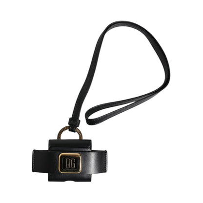 Dolce & Gabbana Black Leather Strap Gold Metal Logo Plaque Airpods Case