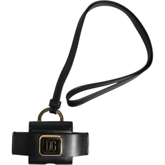 Dolce & Gabbana Black Leather Strap Gold Metal Logo Plaque Airpods Case