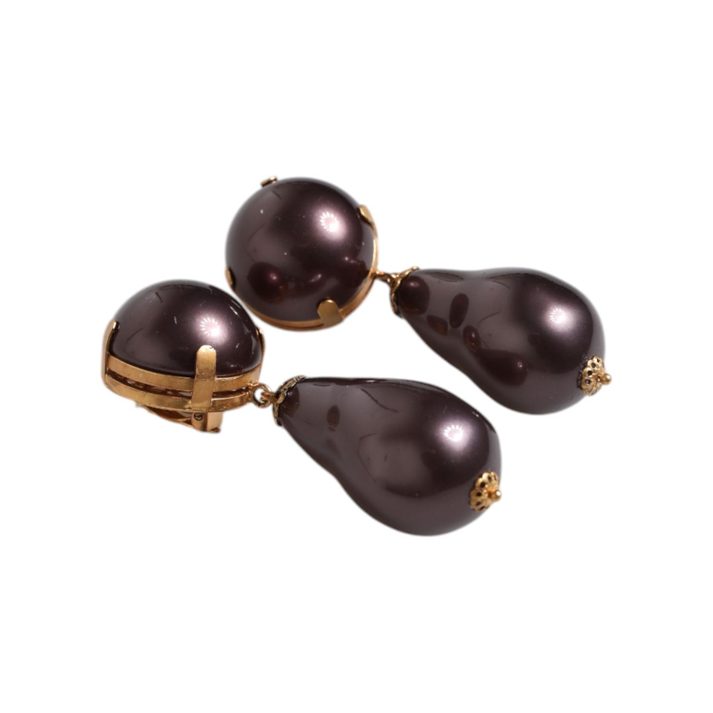 Dolce & Gabbana Gold Brass Black Pearl Clip On Dangling Jewelry Earrings