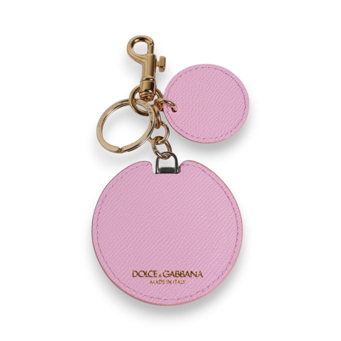 Dolce & Gabbana Pink Calf Leather Gold Metal Logo Print Keyring Keychain