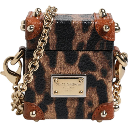 Dolce & Gabbana Brown Leopard Metal Logo Plaque Gold Chain Airpods Case