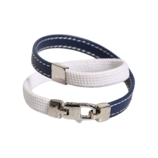 Dolce & Gabbana Blue White Leather Trimmed DG Engraved Silver Tone Clasp Bracelet SMY10689