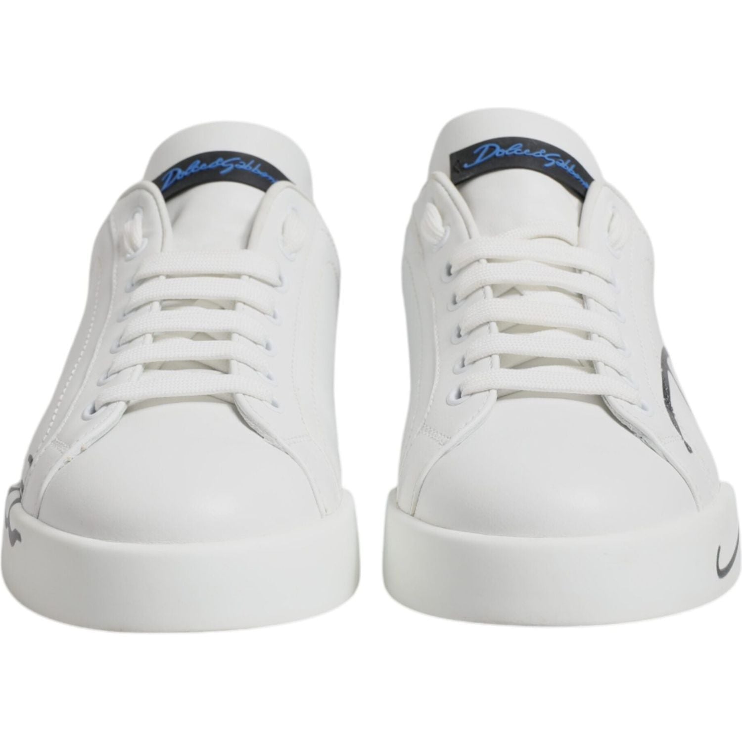Dolce & Gabbana White Blue Leather Logo Low Top Sneakers Shoes