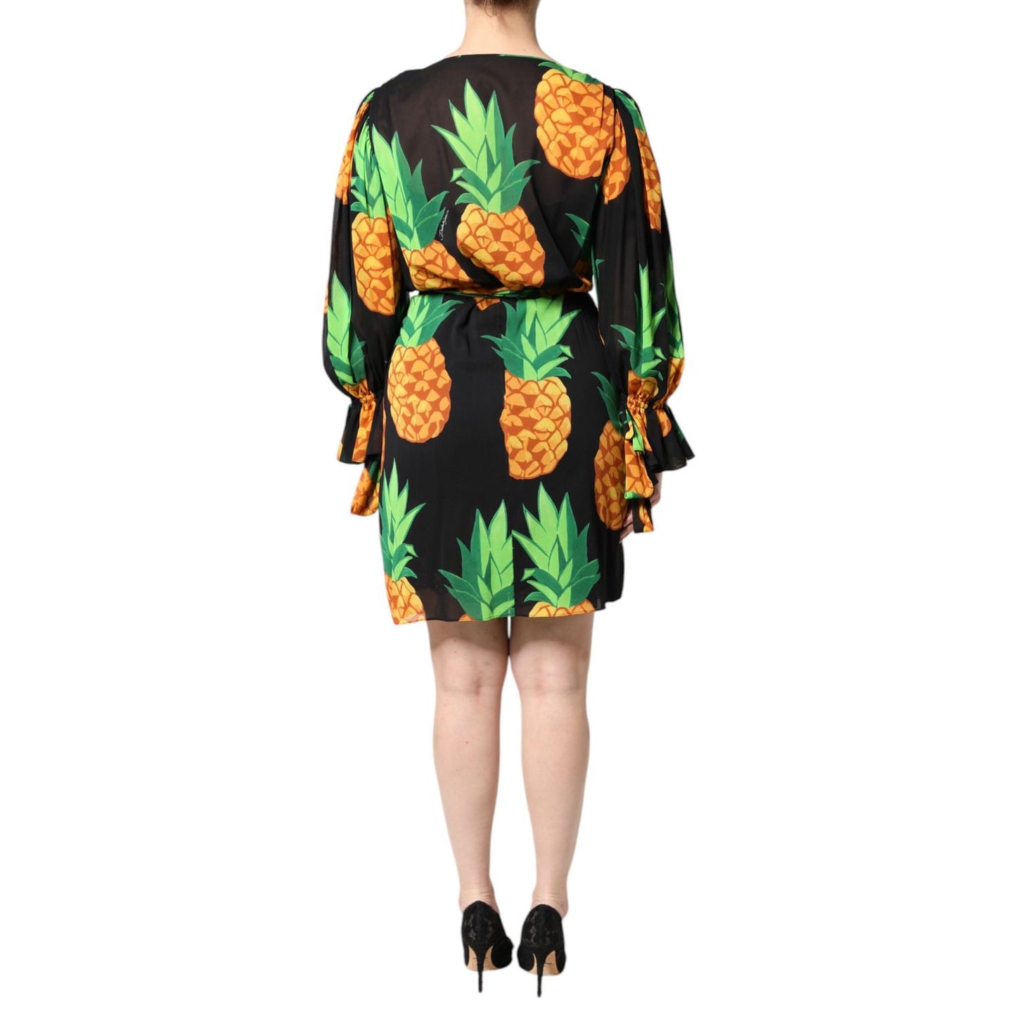 Dolce & Gabbana Black Silk Pineapple Draped Print Wrap Dress