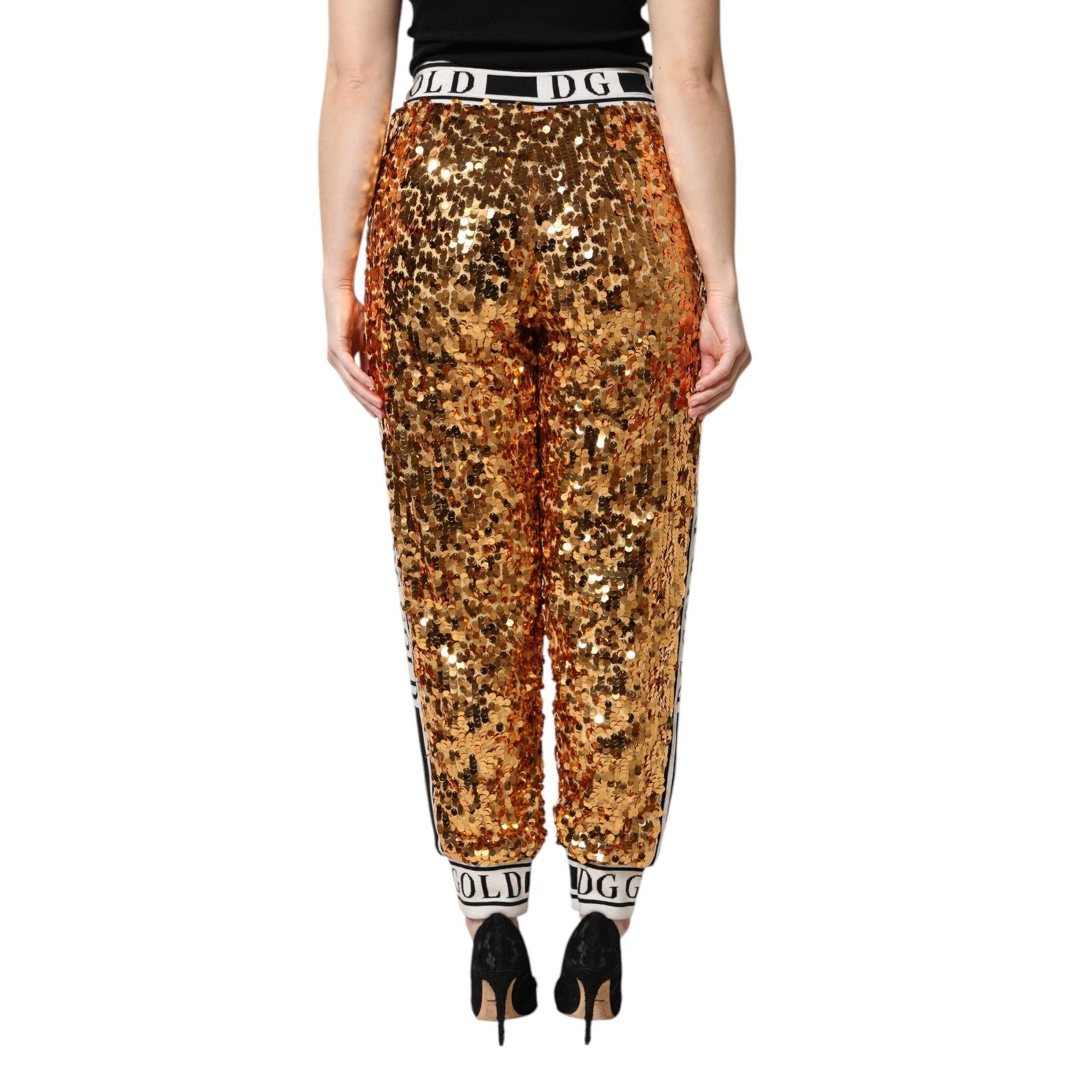 Dolce & Gabbana Metallic Gold DG Logo Sequined Jogger Pants