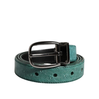 Dolce & Gabbana Green Ostrich Leather Silver Metal Buckle Belt