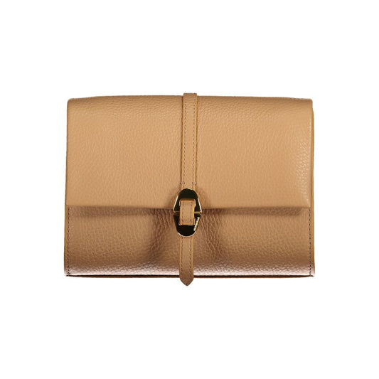 Coccinelle Brown Leather Handbag with adjustable strap and logo. Features automatic closure and card slots for organized storage.