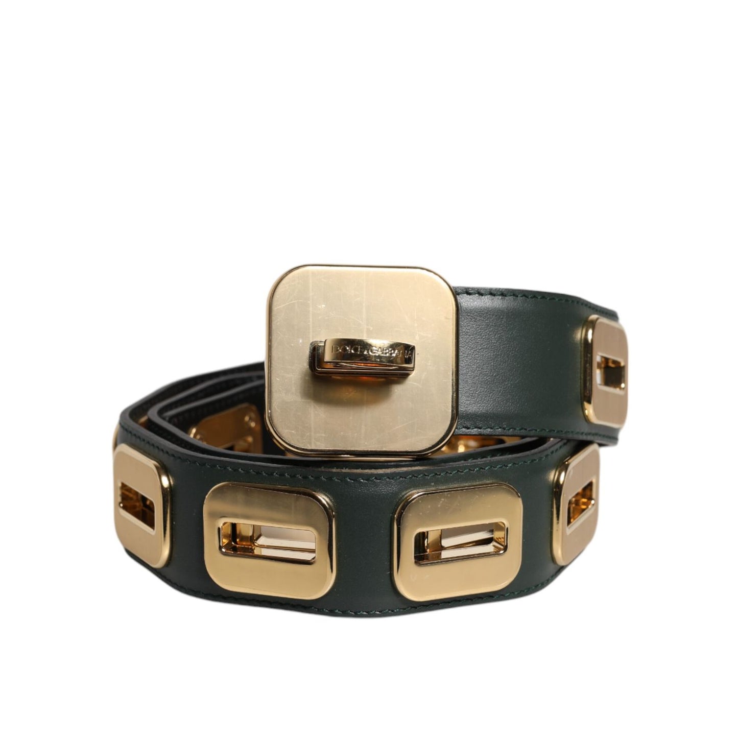 Dolce & Gabbana Green Leather Gold Tone Rotating Buckle Belt