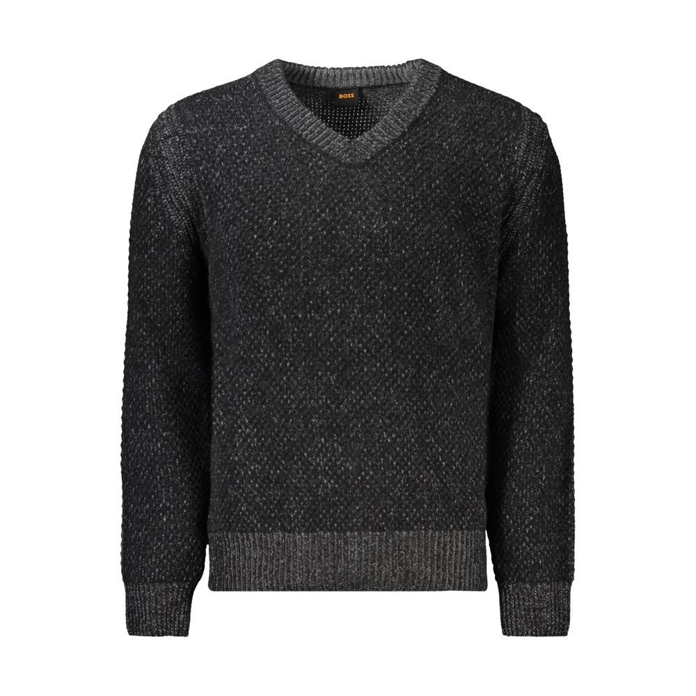 Hugo Boss Black Wool Men Sweater with V-neck and contrast details, featuring a luxurious wool and polyamide blend for warmth and comfort.