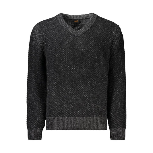 Hugo Boss Black Wool Men Sweater with V-neck and contrast details, featuring a luxurious wool and polyamide blend for warmth and comfort.