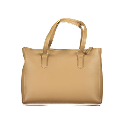 Mario Valentino Beige Polyethylene Women Handbag with two handles and zip closure, featuring a chic and structured design.