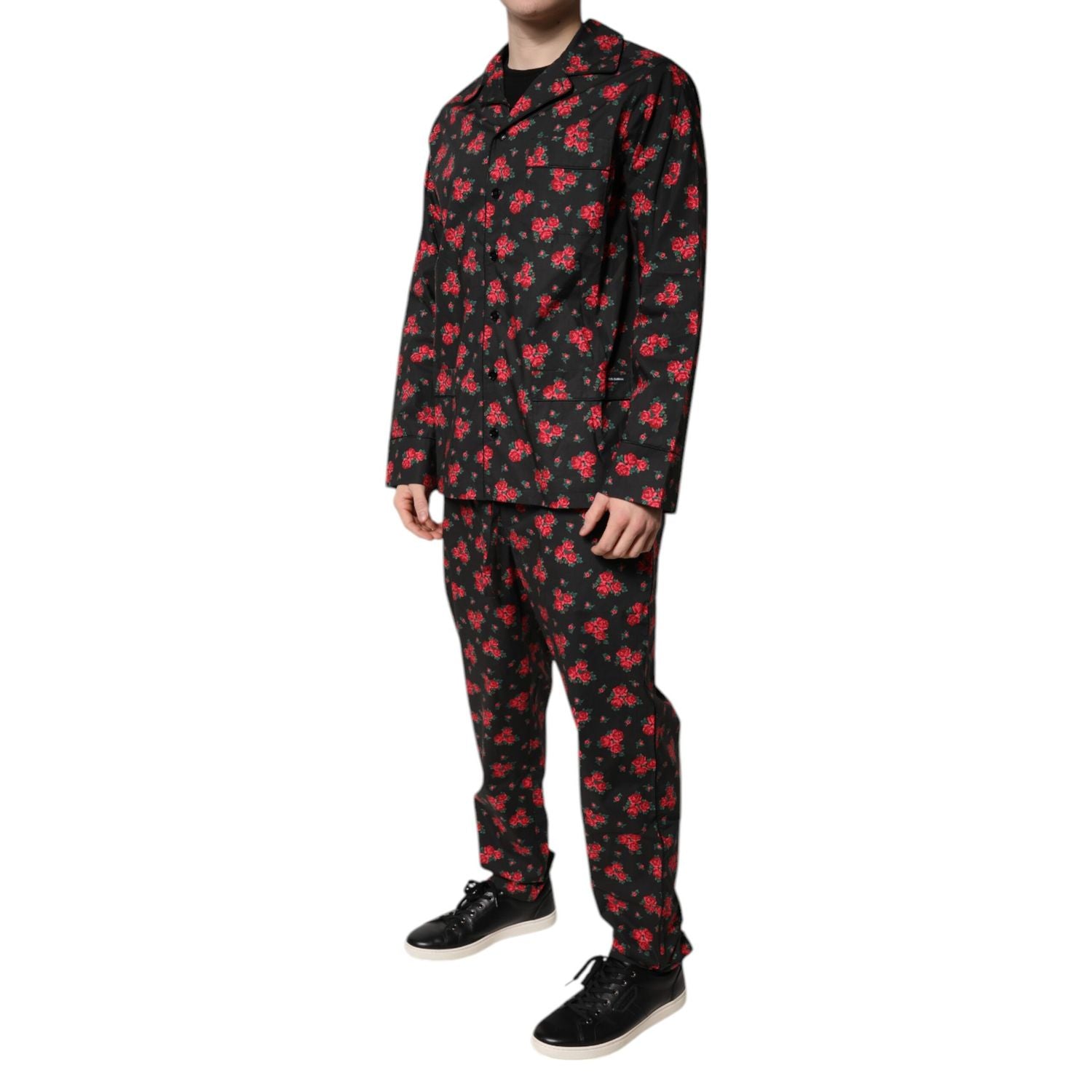 Dolce & Gabbana Black Floral Print Cotton Men Pajama Set Sleepwear