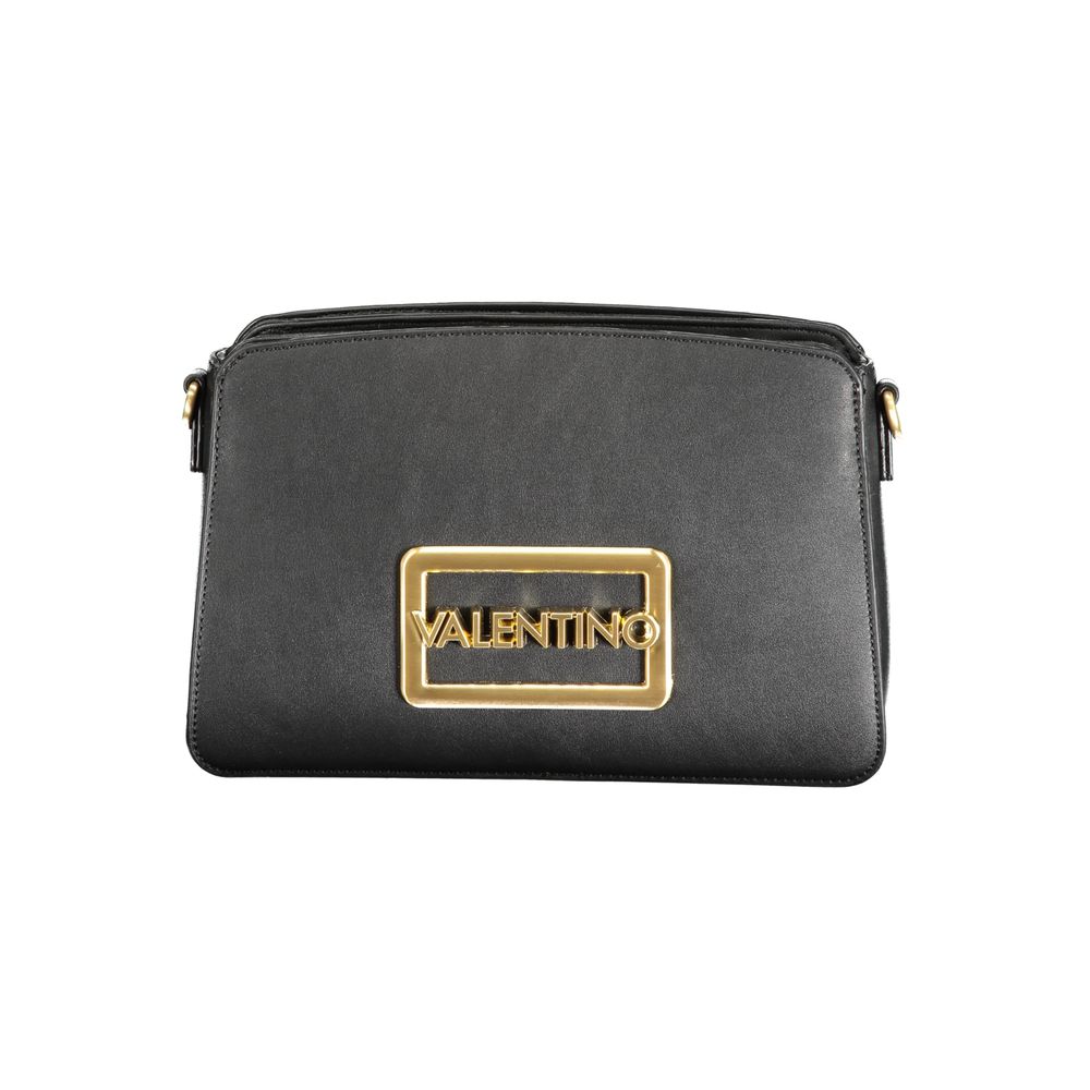 Mario Valentino Black Polyethylene Handbag with gold logo, featuring a removable shoulder handle and adjustable strap. Stylish and versatile.