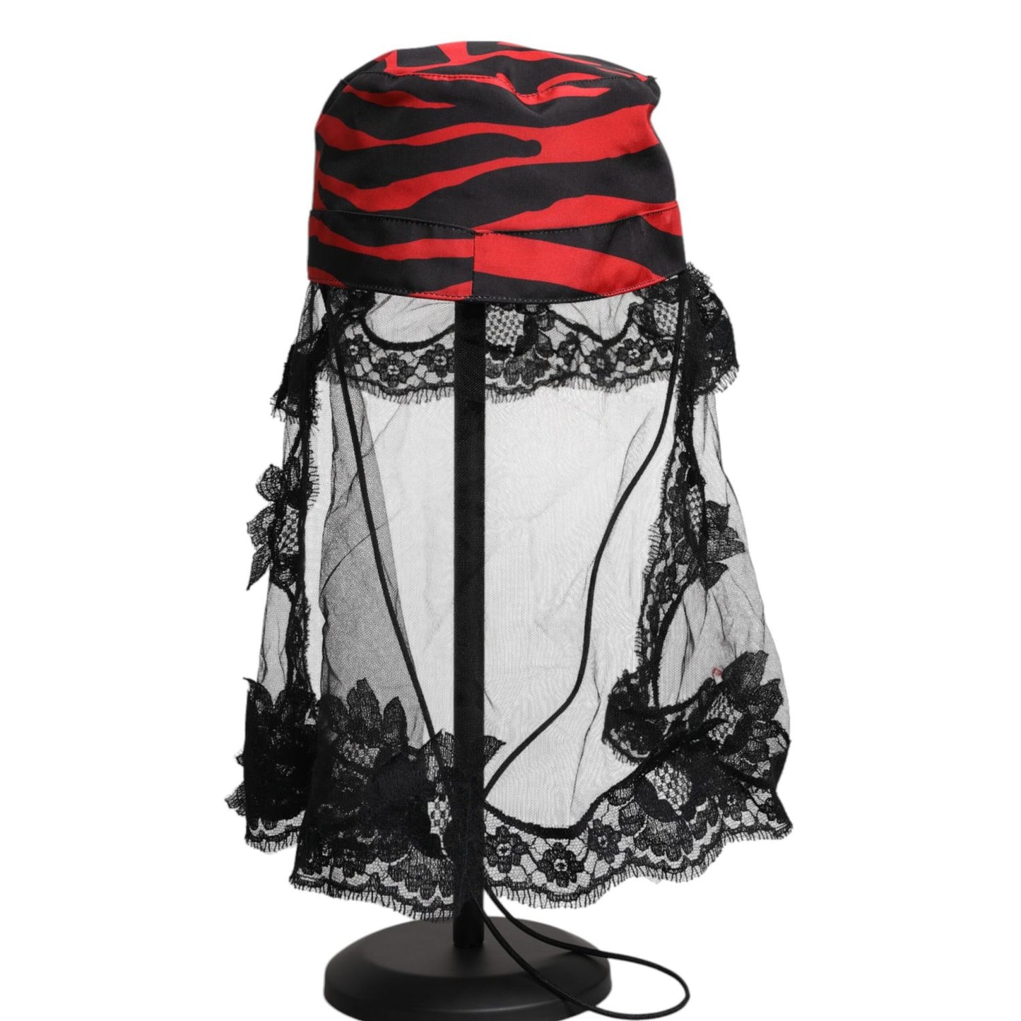 Dolce & Gabbana Black Red Stripes Lace Tulle Bucket Hat HAT9799-57