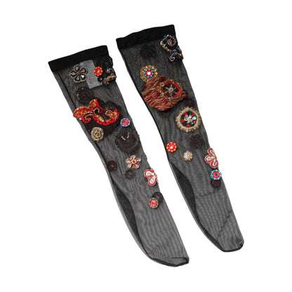 Dolce & Gabbana Black Stretch Carretto Crystal Stockings Socks