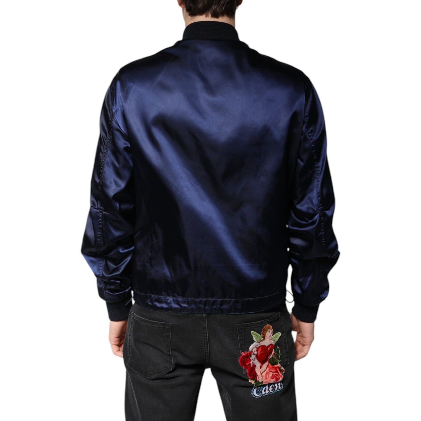 Dolce & Gabbana Blue Nylon DG Crown Full Zip Bomber Jacket