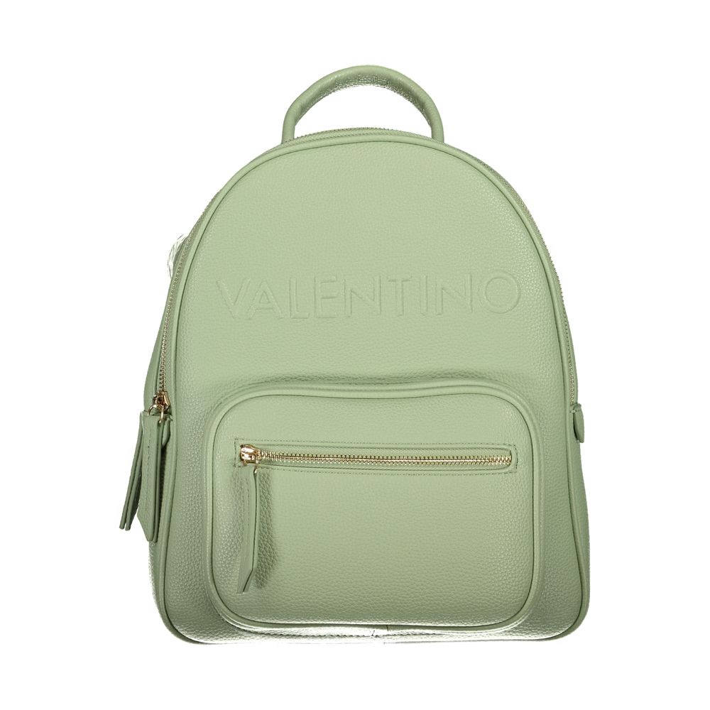 Mario Valentino Green Polyethylene Backpack with handle, adjustable straps, external pocket, dual compartments, internal pockets, zip closure.