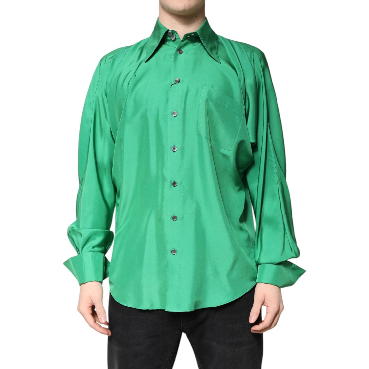 Dolce & Gabbana Green Silk Satin Long Sleeves Casual Shirt