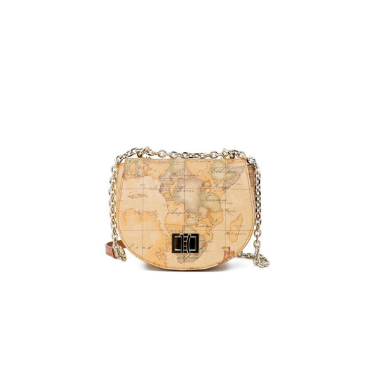 Alviero Martini Prima Classe Beige Leather Handbag with geographic print and chain strap, elegant and practical women's accessory.