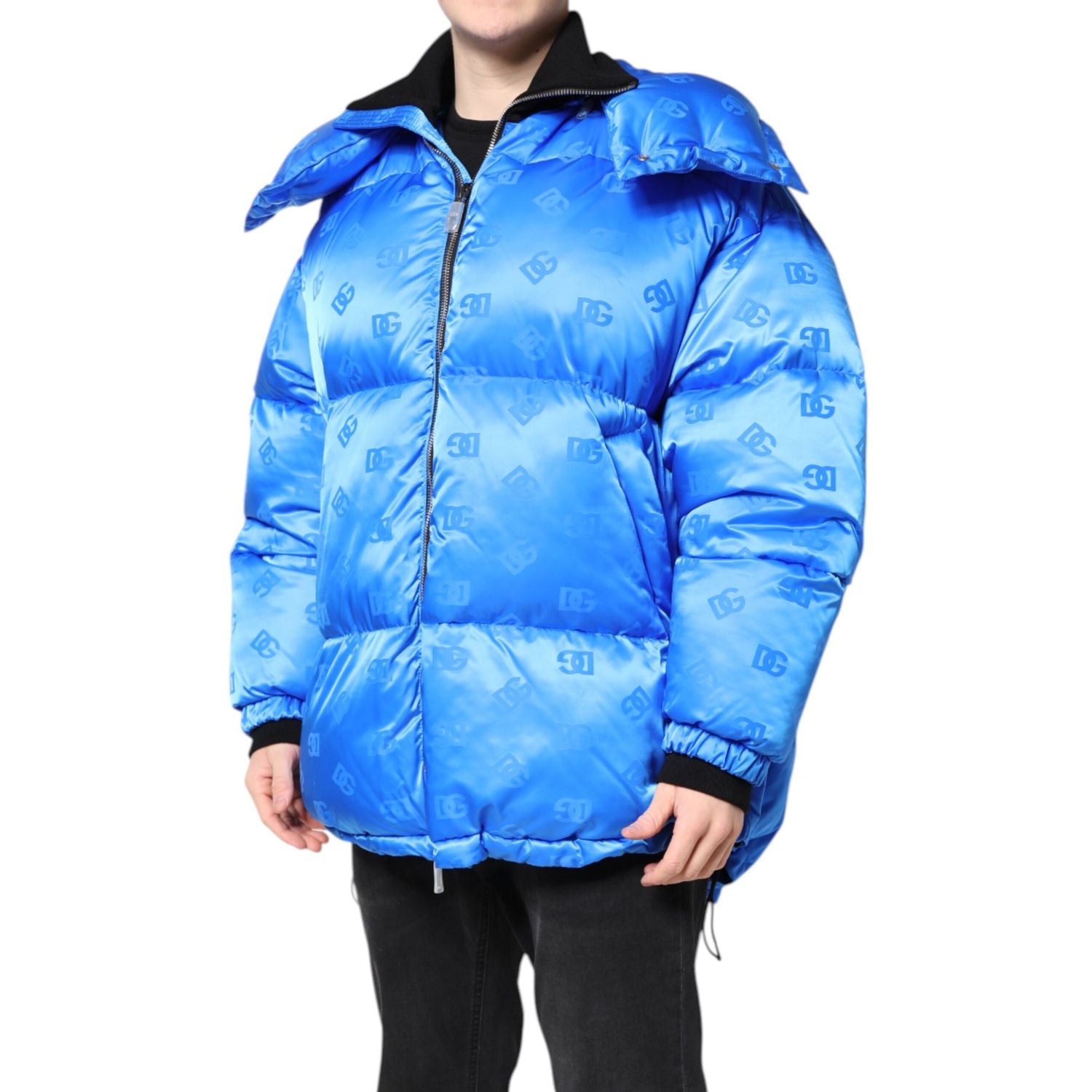 Dolce & Gabbana Blue Logo Full Zip Hooded Quilted Jacket