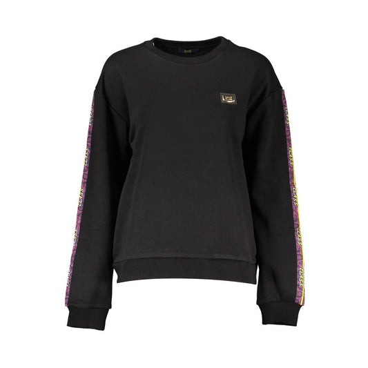 Cavalli Class Black Cotton Women Sweater with logo, crew neck, and colorful sleeve detailing, showcasing luxury style.