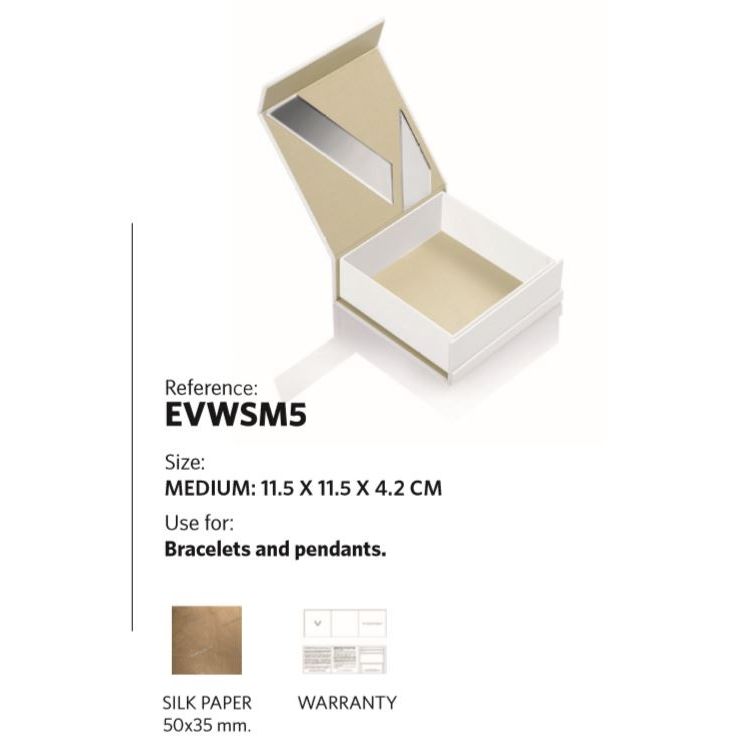 Open jewelry box EVWSM5 for bracelets and pendants, medium size 11.5x11.5x4.2 cm, with silk paper and warranty card.