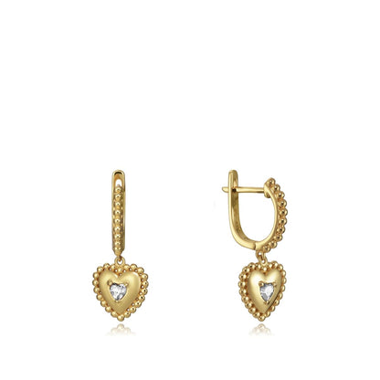 Elegant gold heart-shaped earrings with beaded design, showcasing intricate craftsmanship and luxury style.