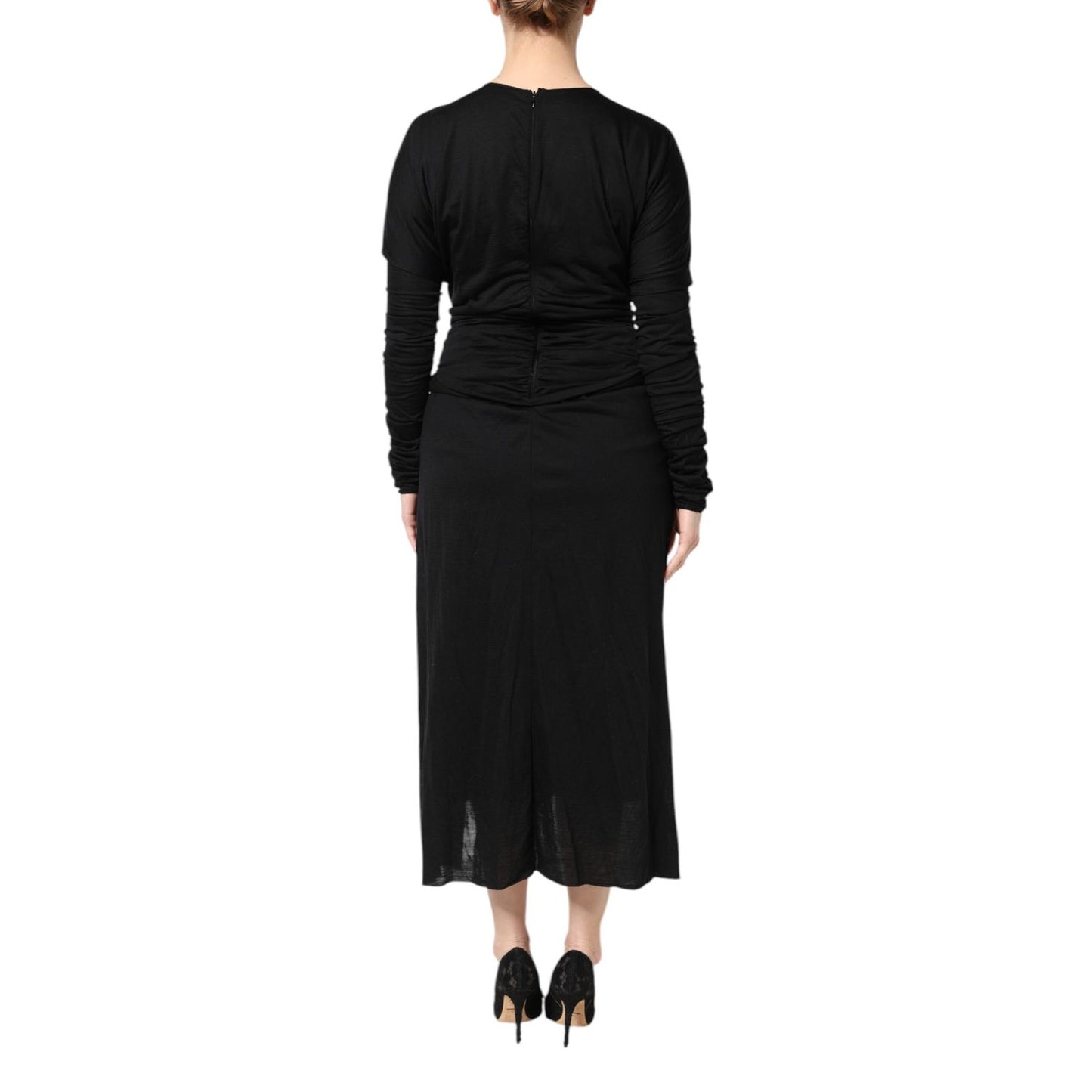 Dolce & Gabbana Black Wool Long Sleeves Sheath Midi Dress