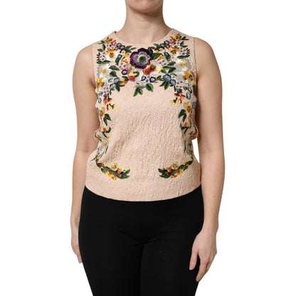 Dolce & Gabbana Beige Floral Embroidery Sleeveless Tank Top