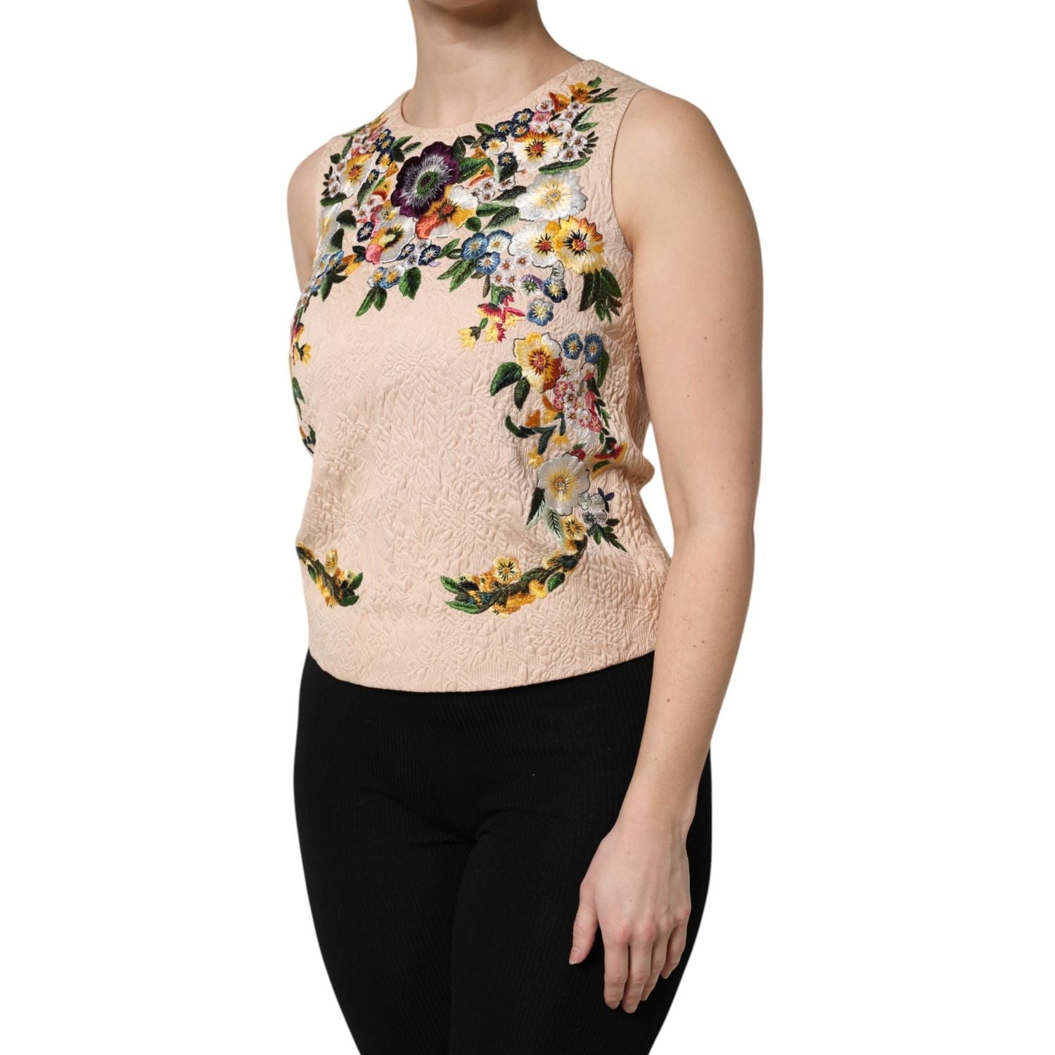 Dolce & Gabbana Beige Floral Embroidery Sleeveless Tank Top