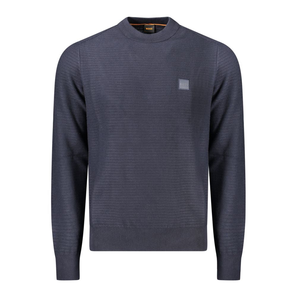Hugo Boss Blue Cotton Men Sweater, long-sleeved with crew neck and subtle logo, made of 95% cotton and 5% cashmere