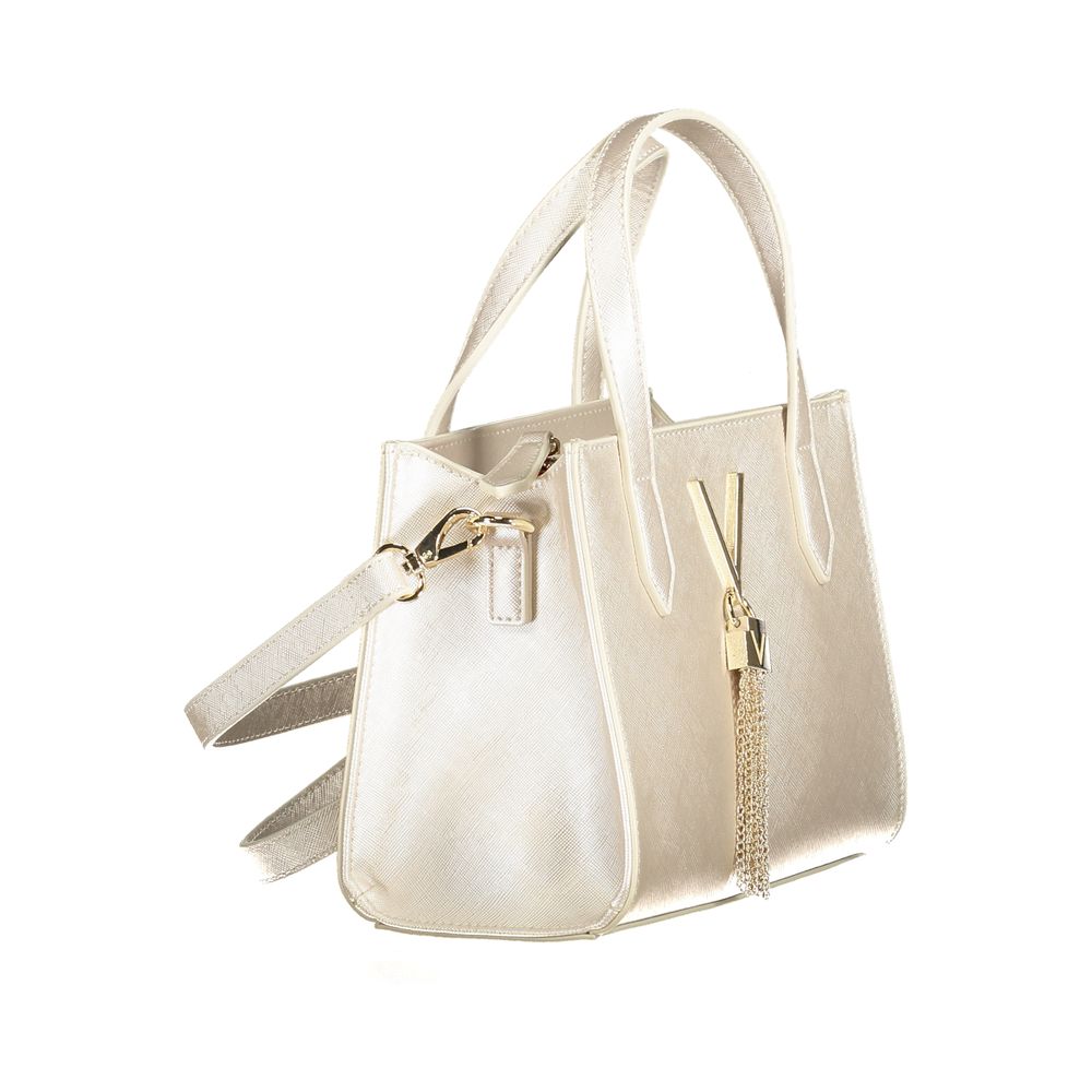 Stylish beige handbag with dual handles and gold accent tassel