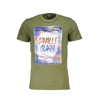 Cavalli Class Green Cotton Men T-Shirt with striking print and iconic logo on crew neck short sleeve