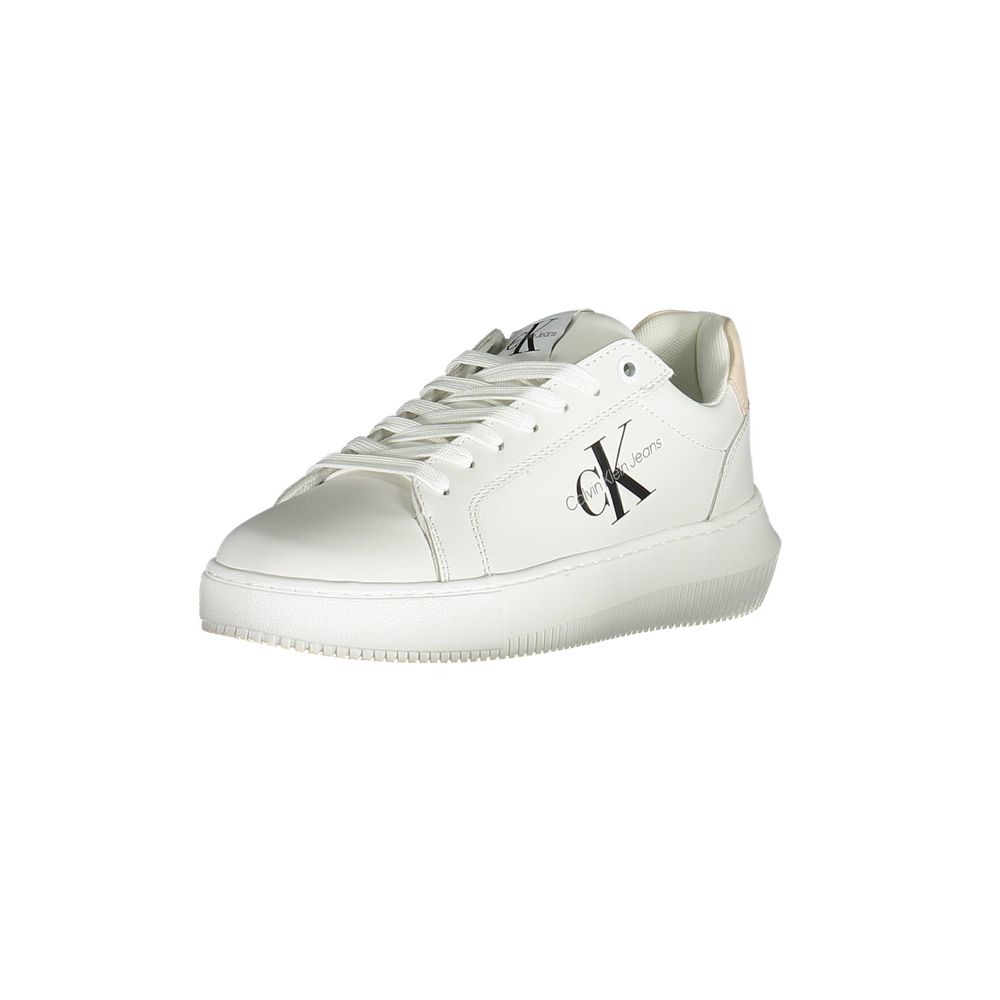 Calvin Klein White Polyester Women Sneaker featuring logo and sustainable design with leather accents for style and comfort.