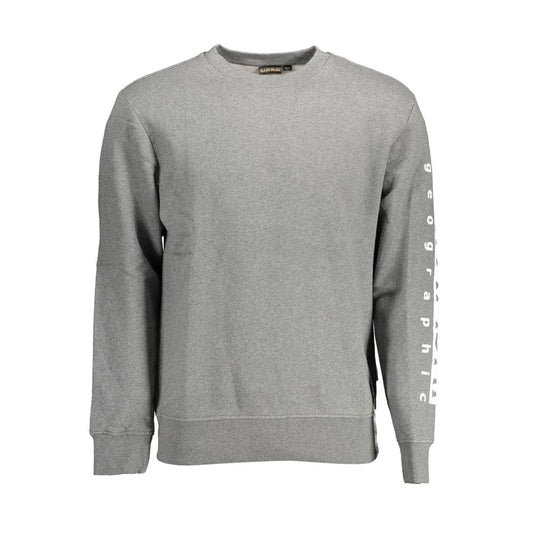 Napapijri Gray Cotton Men Sweater with logo print on sleeve, ideal for luxurious casual style.