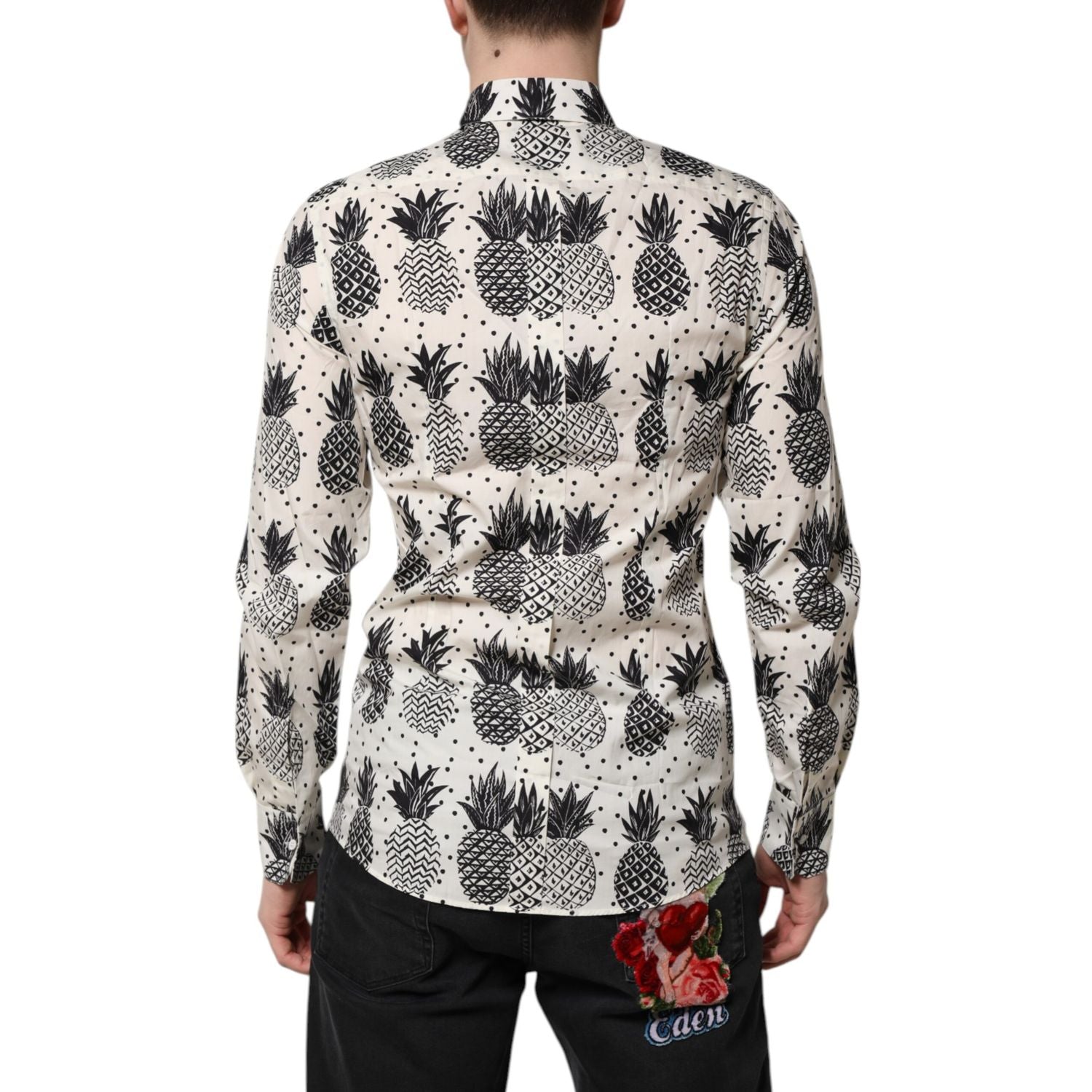 Dolce & Gabbana White Pineapple Print Long Sleeve GOLD Shirt