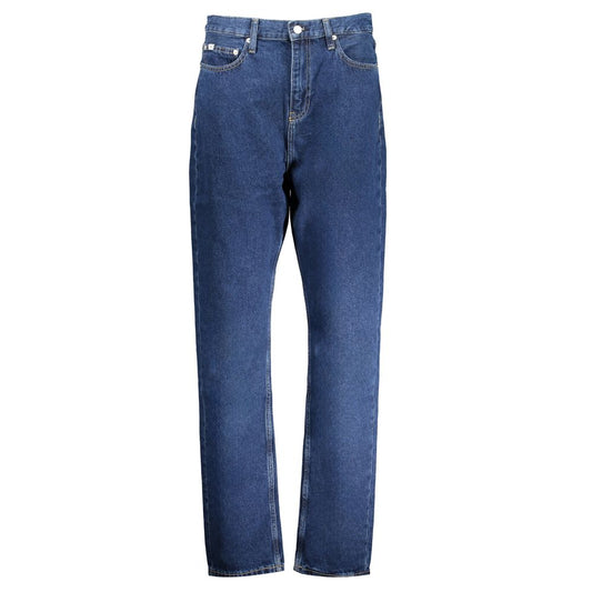 Calvin Klein Blue Cotton Women Jeans in slim straight fit with five pockets and button-and-zip closure, showcasing a sleek blue hue.