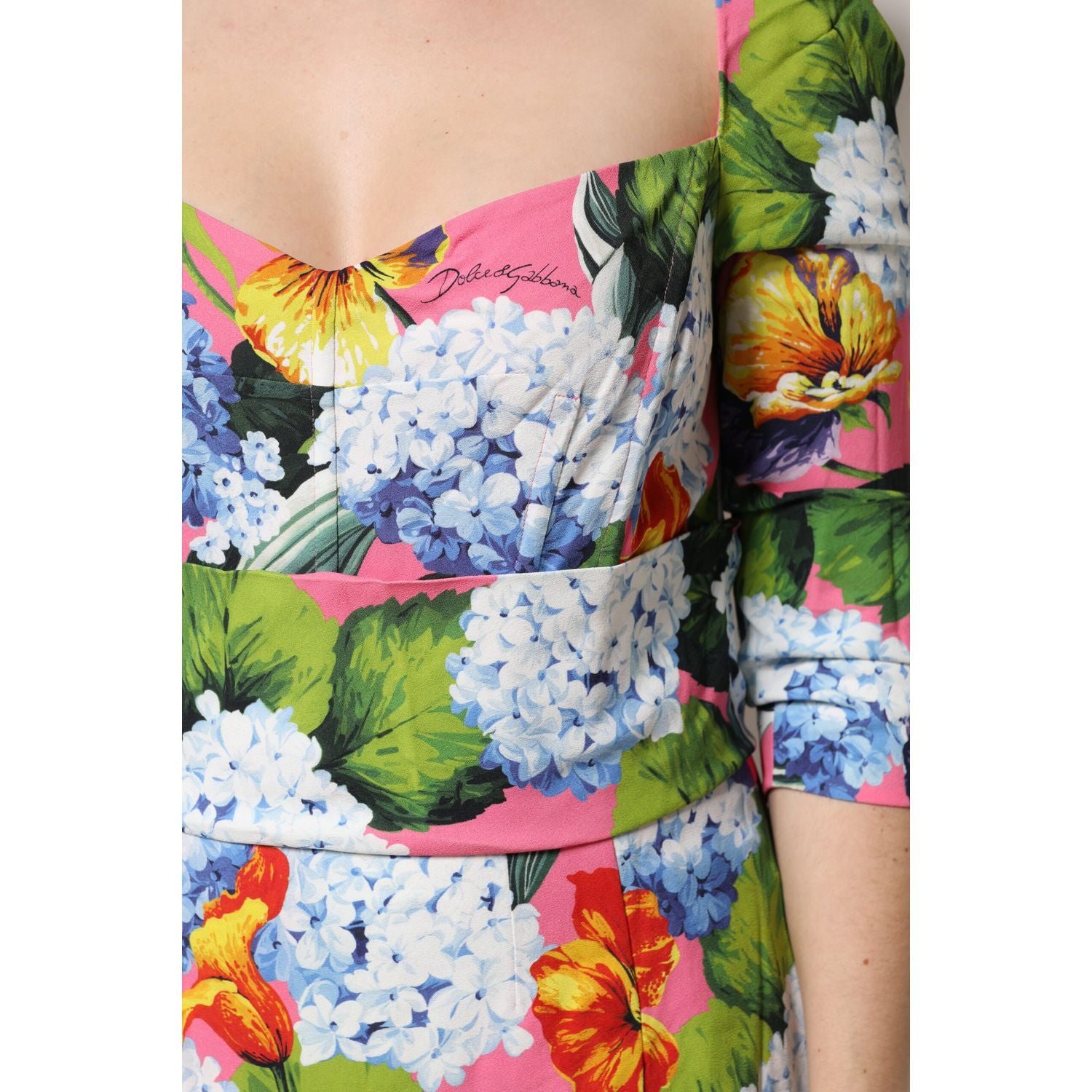 Dolce & Gabbana Multicolor Floral Pleated Sheath Midi  Dress