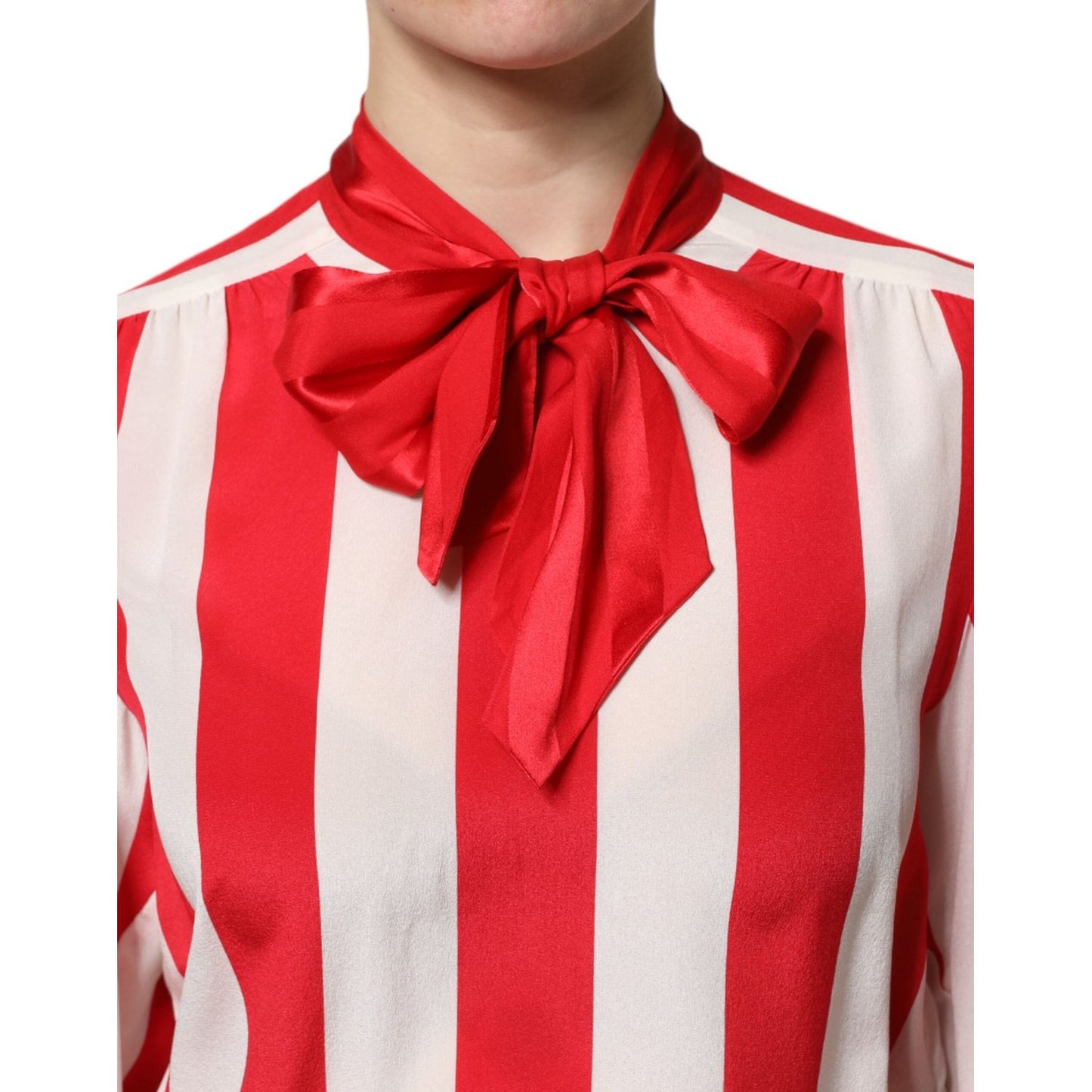 Dolce & Gabbana Red White Stripes Ascot Collar Blouse Top TSH90243-36