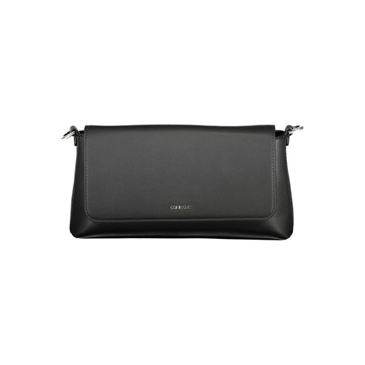 Calvin Klein Black Polyester Handbag with detachable strap, two card pockets, snap closure, and logo made from recycled materials.