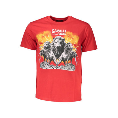 Cavalli Class Red Cotton Men T-Shirt with lion print and iconic logo, short sleeve, crew neck, premium cotton, bold statement fashion.