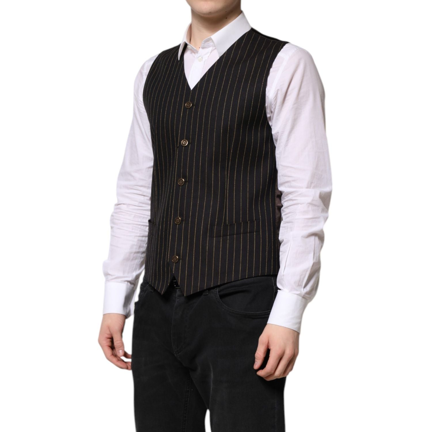 Dolce & Gabbana Black Stripes Wool Formal Men Waistcoat Vest