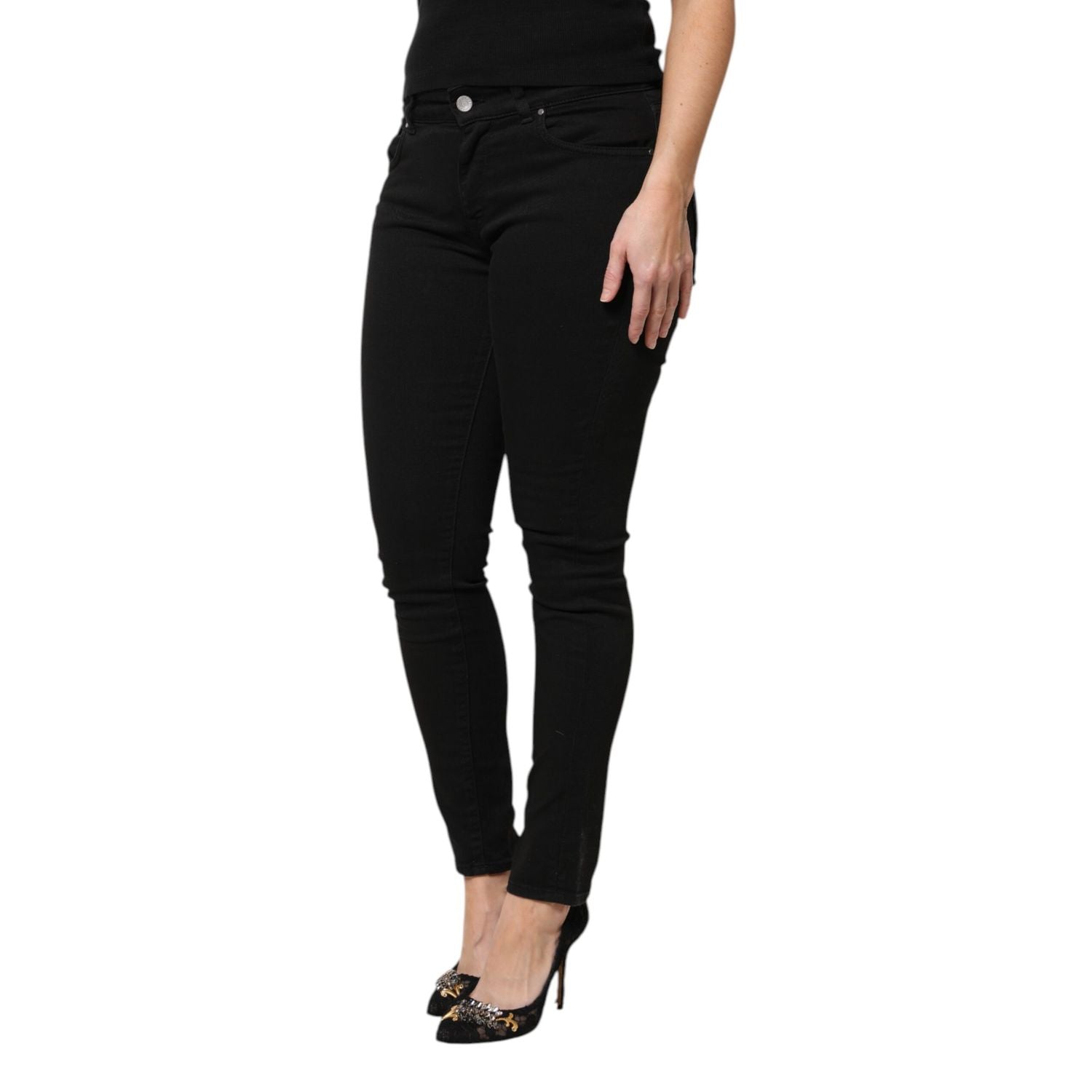 Dolce & Gabbana Black Cotton Logo Mid Waist Skinny Denim Jeans