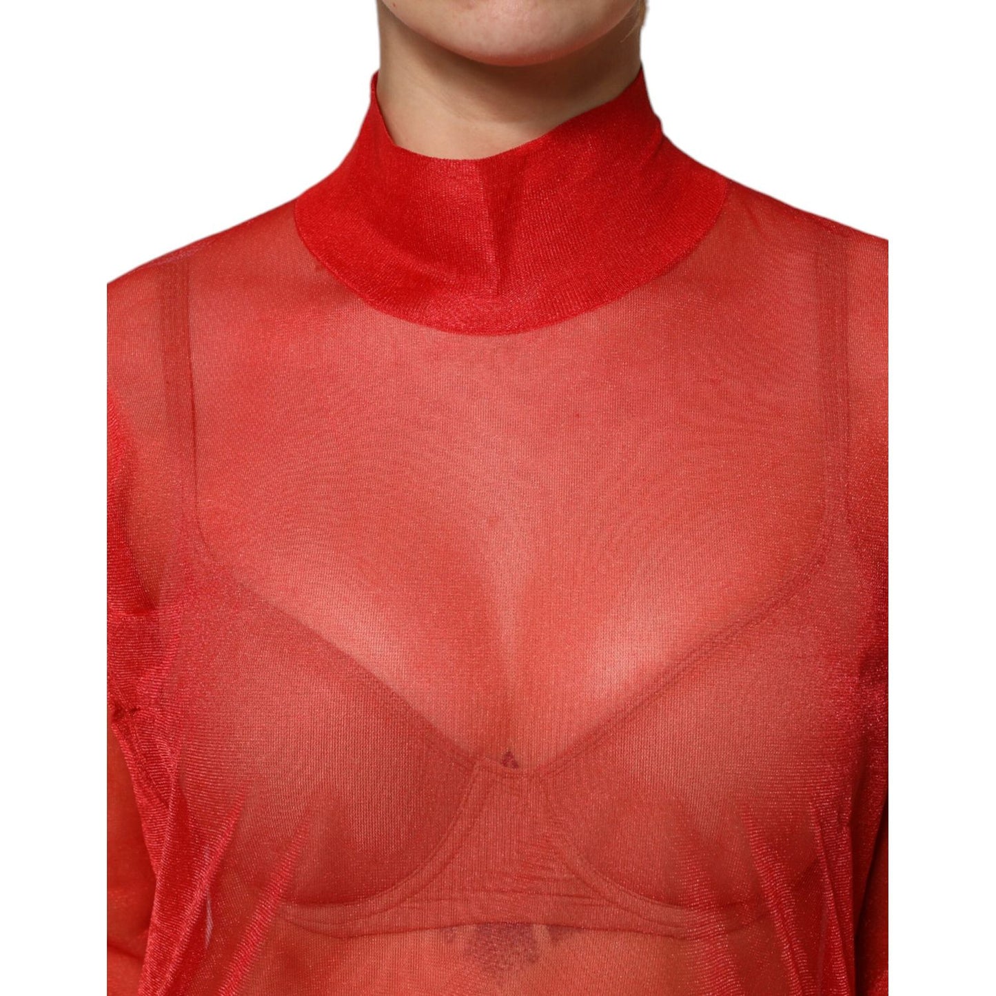 Dolce & Gabbana Red Tulle Turtleneck Long Sleeve Blouse Top