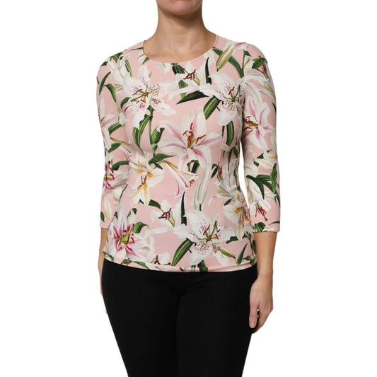 Dolce & Gabbana Pink Lily Print Viscose Round Neck Blouse Top TSH87611-42