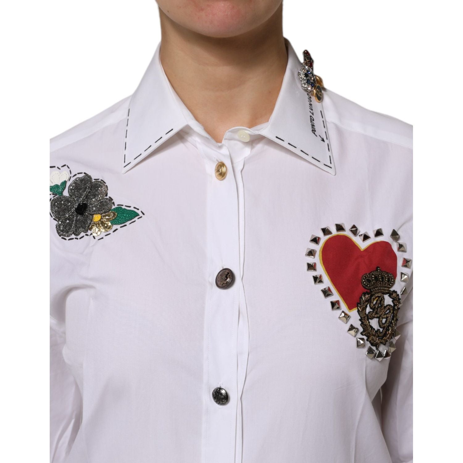 Dolce & Gabbana White Cotton Floral Embellished Shirt Top