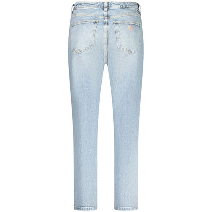 Rear view of Guess Jeans Blue Cotton Women Jeans with high-waisted, tapered silhouette and Guess logo for a stylish look.