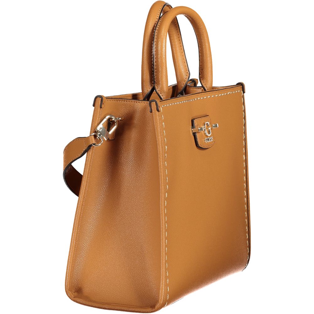 Guess Jeans Brown Polyethylene Handbag with ribbon design, 2 handles, adjustable strap, external pocket, protective feet, logo details.