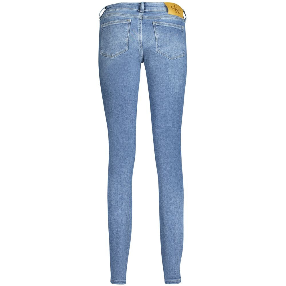 Calvin Klein Blue Cotton Women Jeans, mid-rise skinny fit with vintage wash, back view showcasing eco-friendly design.