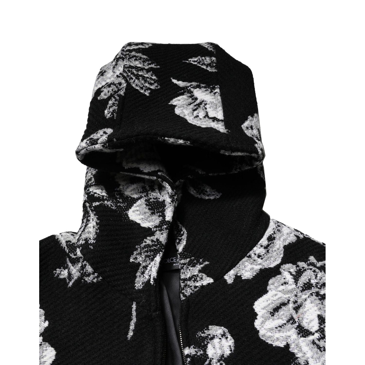 Dolce & Gabbana Black Wool Floral Printed Men Hooded Jacket